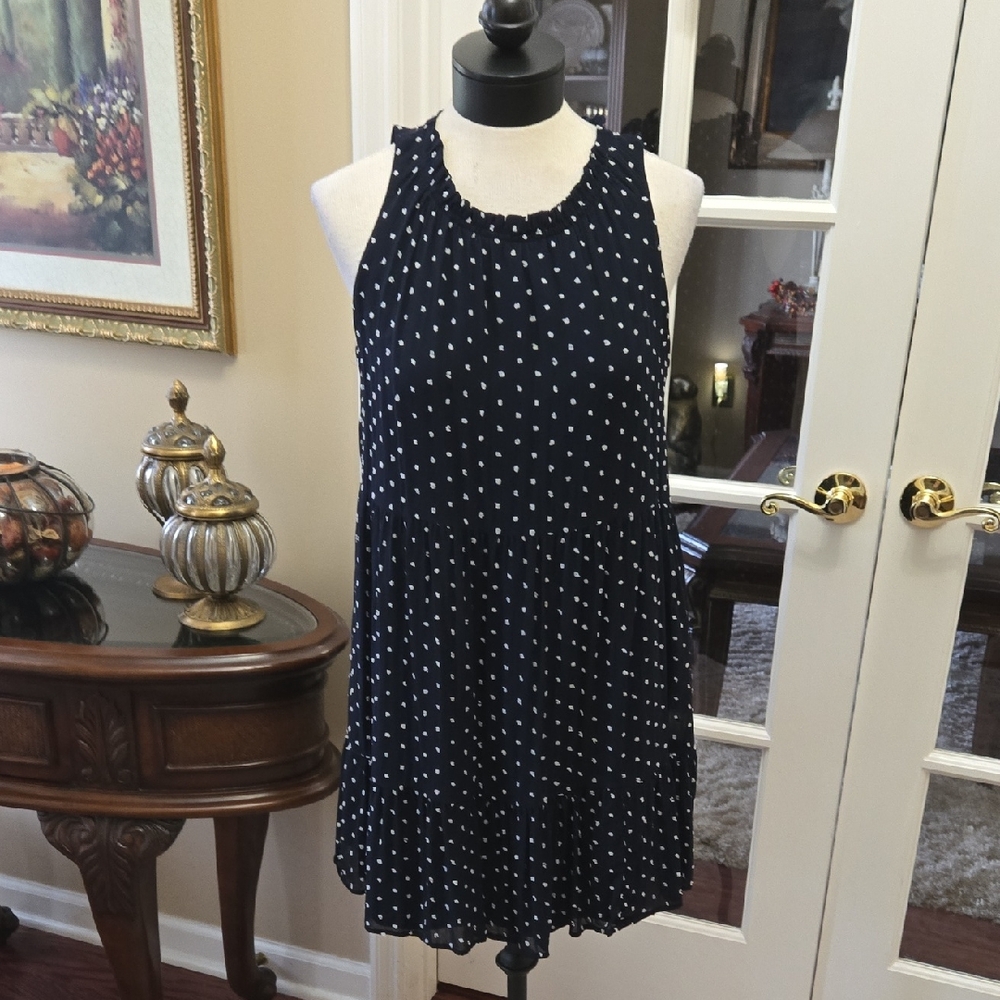 LOFT Navy Blue White Textured Sleeveless Dress Fully Lined Ruffle Neck Med EUC